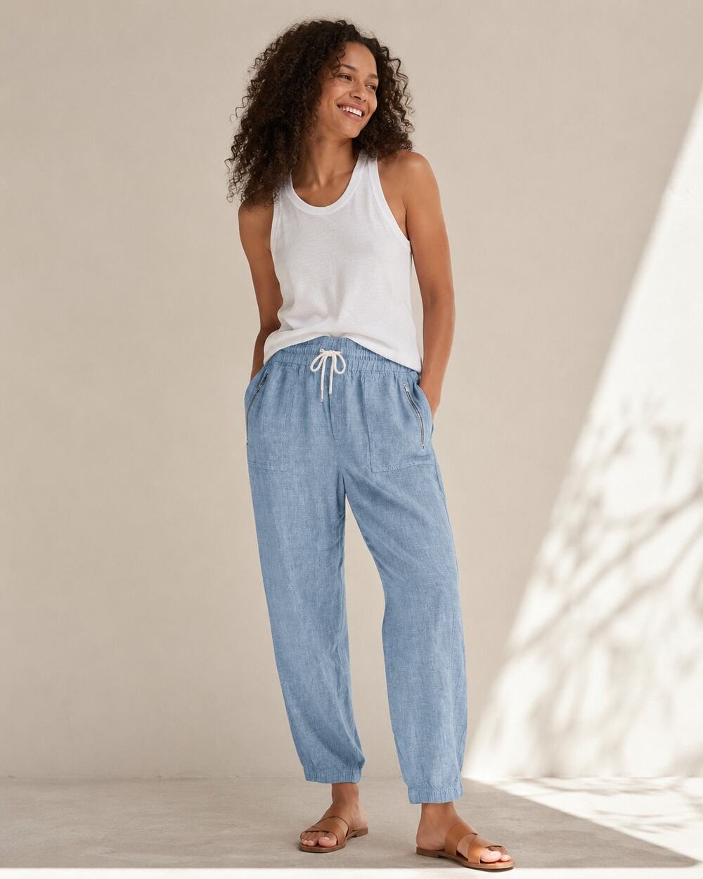 Athleta Cabo Linen Jogger Pants Blue Size 14